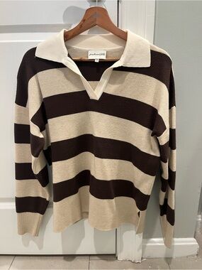 Cream and Brown Striped Rugby Sweater